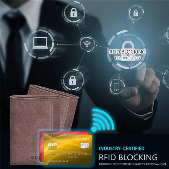 Men's RFID Slim Tri Fold Wallets Real Leather, Brown - Picture 4 of 7